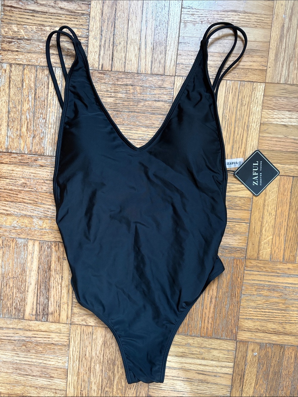 Zaful size 6 Black Double-Strap V-Neck One-Piece Swimsuit